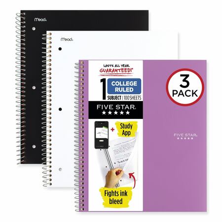 FIVE STAR Wirebound Notebook, 1-Subject, Medium/College Rule, Assorted Cover Color, 100 11x8.5 Sheets, 3PK 820188